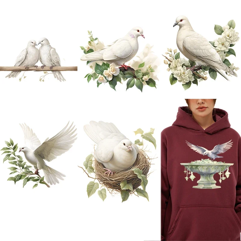 Watercolor White Pigeon Garden Iron on Patches For DIY Heat Transfer Clothes Thermal transfer stickers Decoration Printing