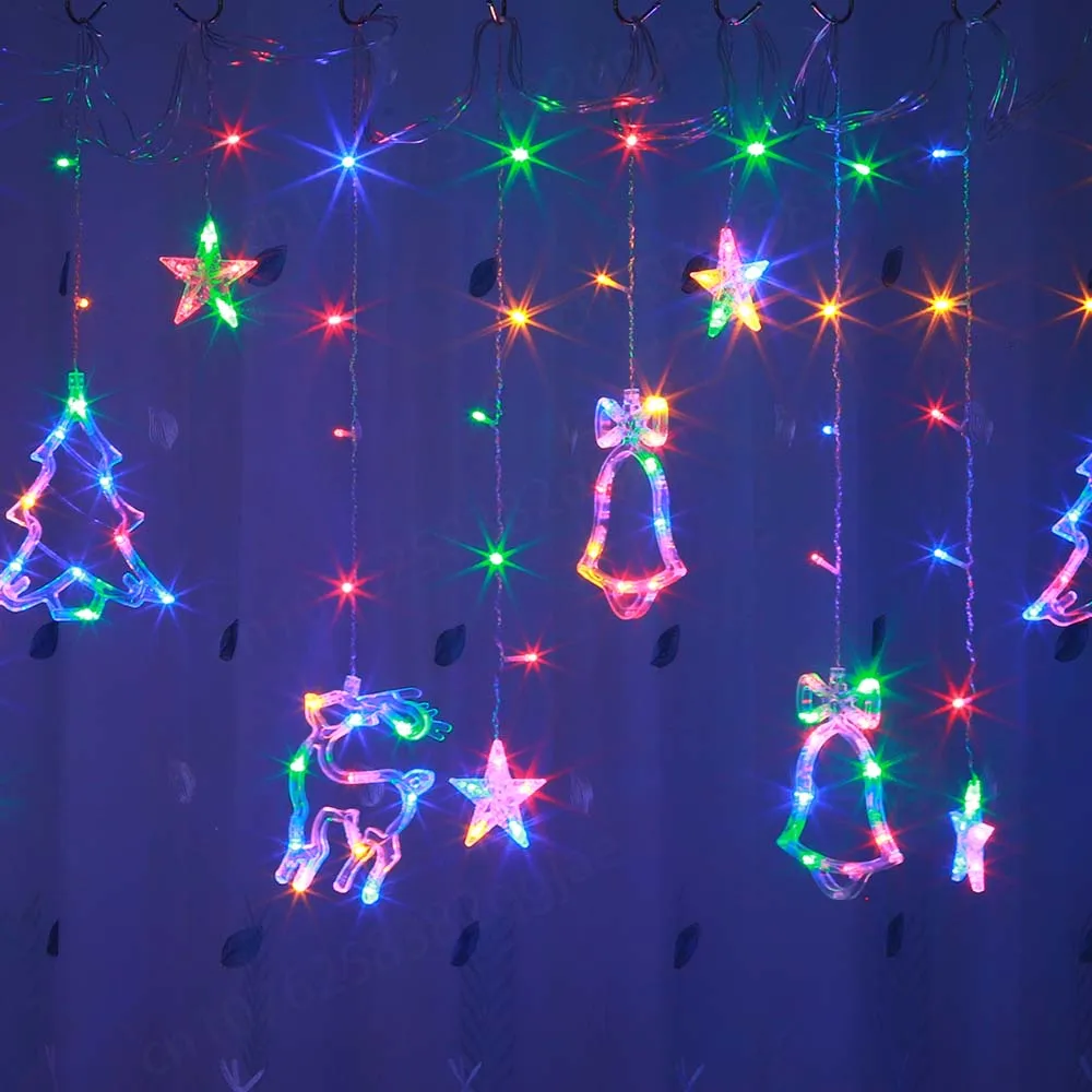 3.5m Christmas Deer Bell Star Lights LED Curtain Garland Fairy String Lights New Year Decoration for Wedding Party 2023 Holiday