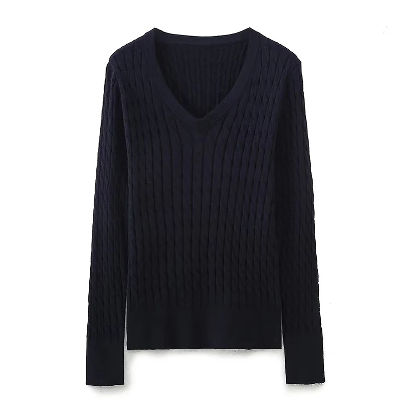 Autumn Women Vintage Navy Blue Long Sleeve V Neck Cable Knit Sweater