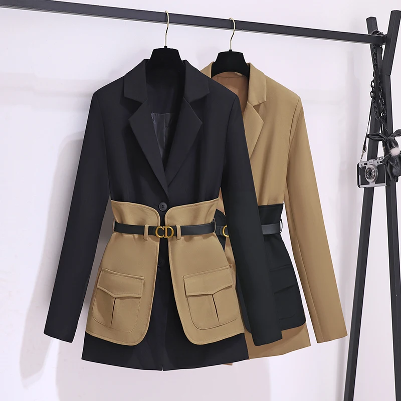 Chic Patchwork Blazers Women Spring Autumn Notched Long Sleeve Suit Jackets With Belt Office Lady Blazer Feminino