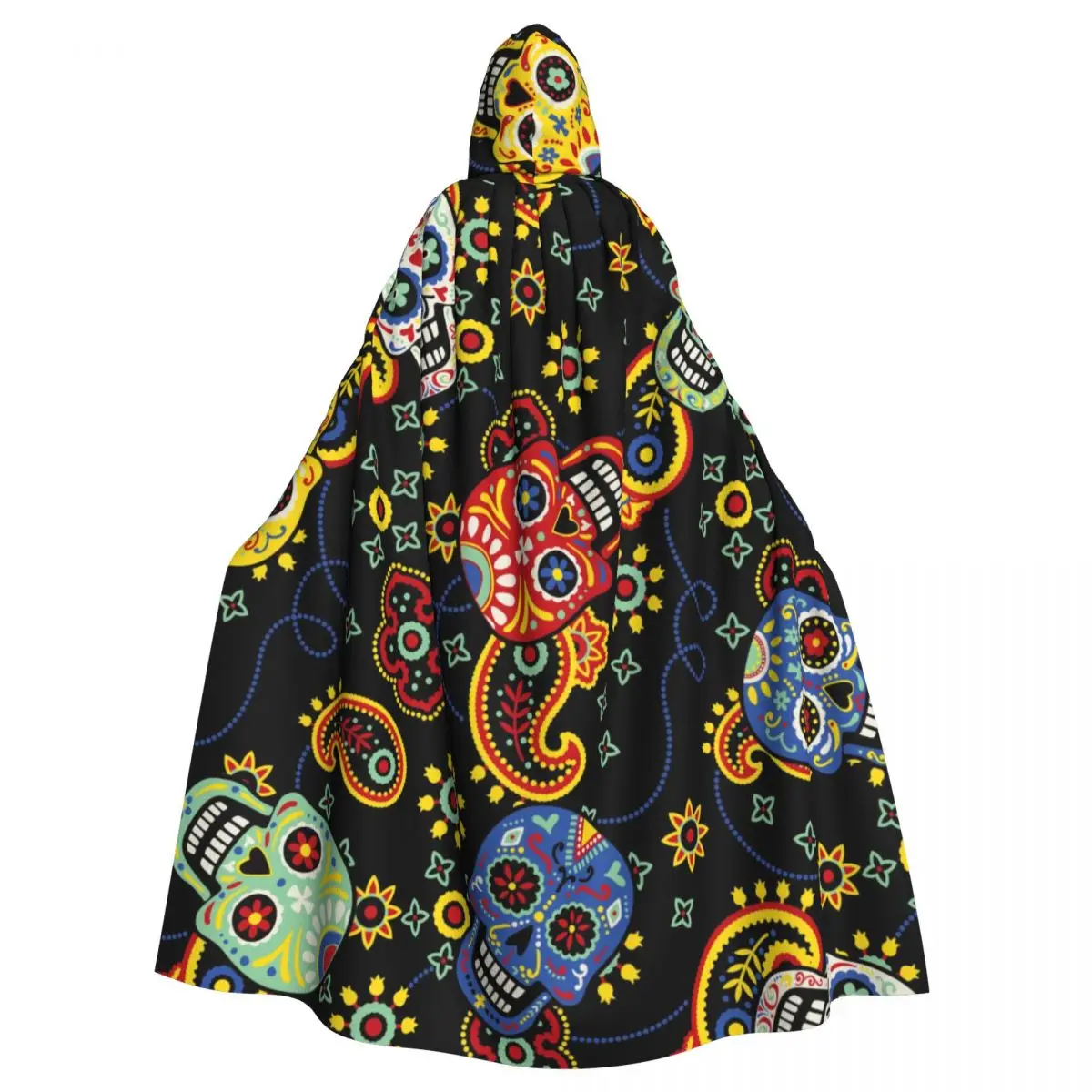 Adult Halloween Cute Day Of The Dead Skulls With Bandana Paisley Cloak Cape Hooded Medieval Costume Full Length Dress Coat