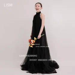 LISM High o Neck Black A Line Evening Dresses Korea Photoshoot Sleeveless Draped Pleats Tulle Custom Floor Length Formal Dress