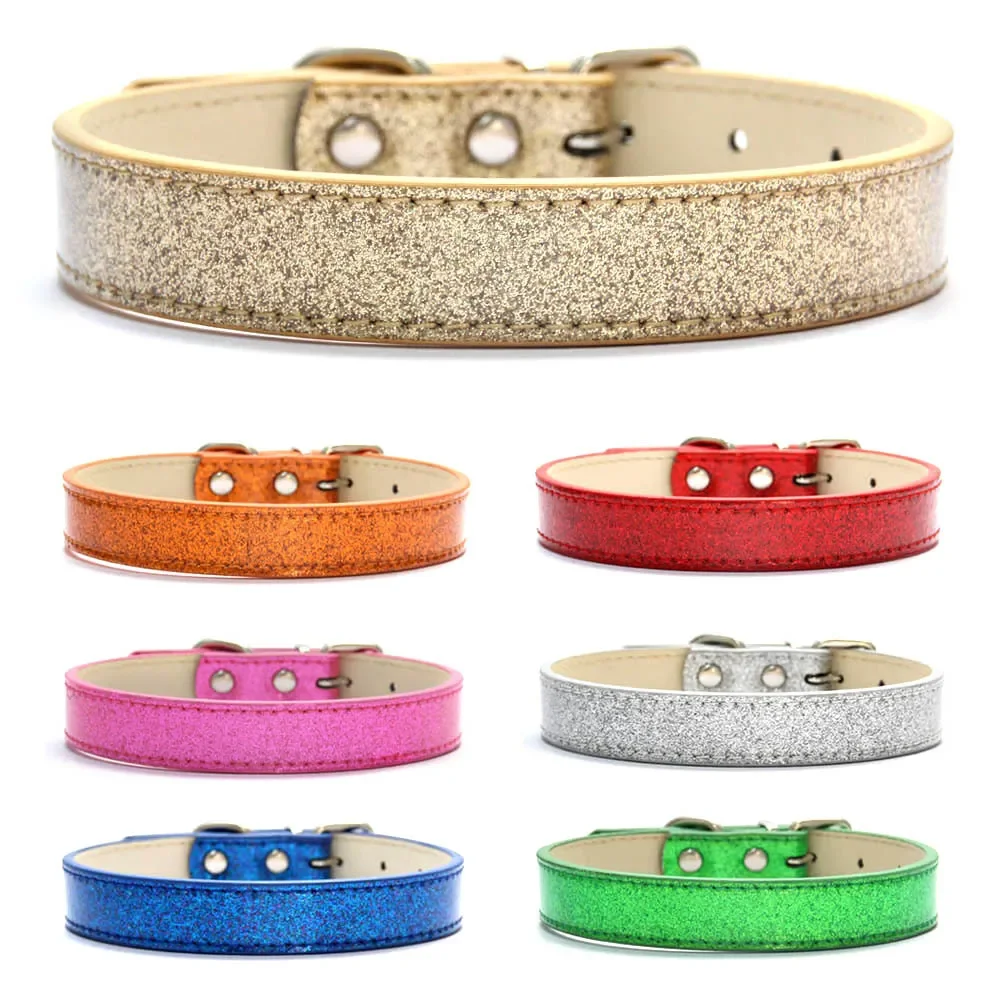 Bling Leather Dog Cat Collar Glitter Material Puppy Neck Strap Collars For Small Medium Large Dogs Accessories Red Pink XS-3XL