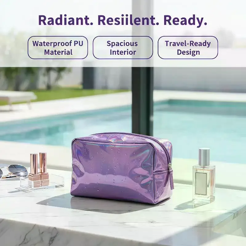 Holographic Laser Toiletry Bag Waterproof Holographic Leather Large Capacity Cosmetic Organizer for Festival Trips