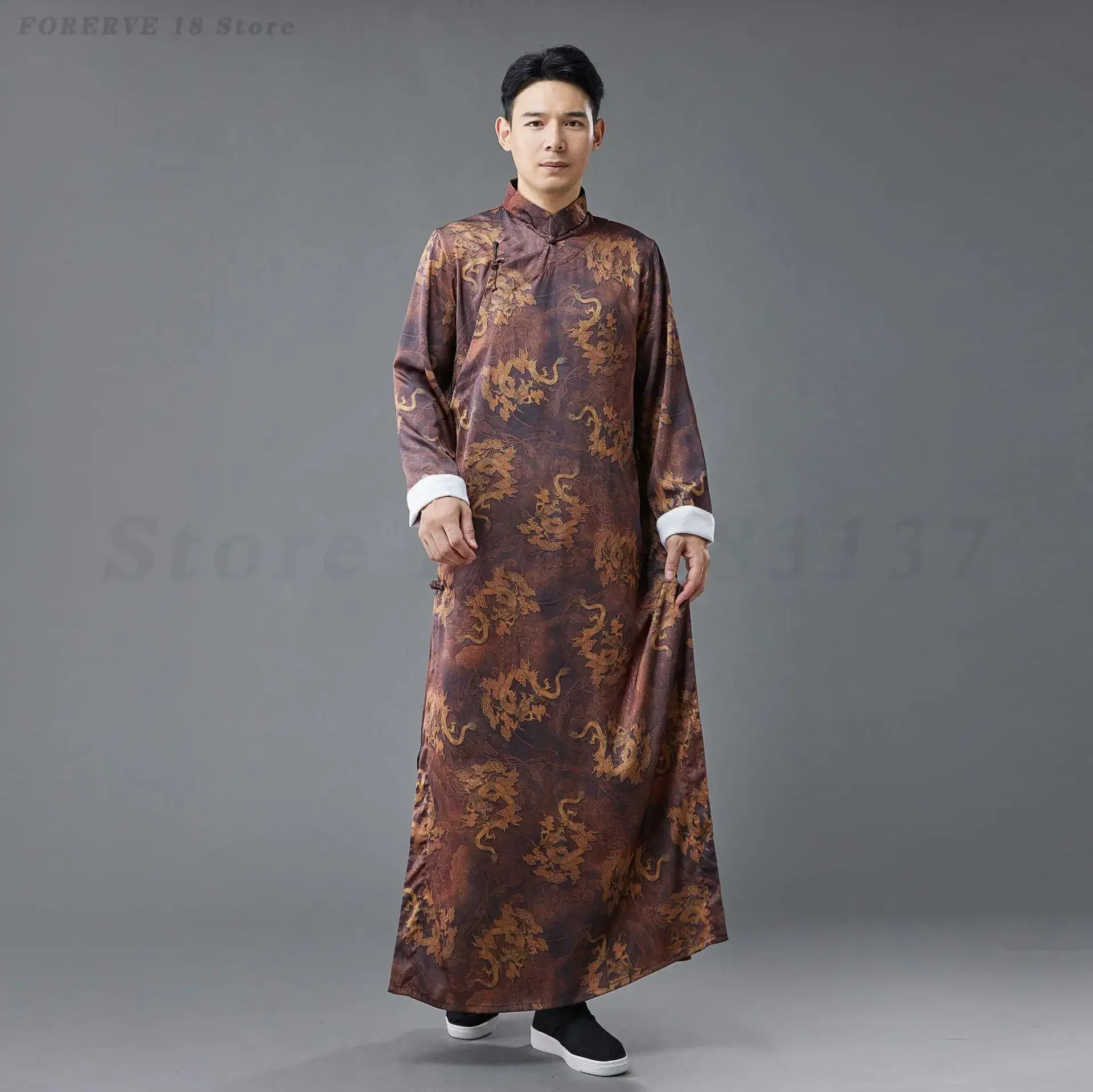 Vintage Dragon Pattern Qipao Dress Gown Chinese Traditional Long Robes Crosstalk Oriental Tang Clothes Men's Performance Costume