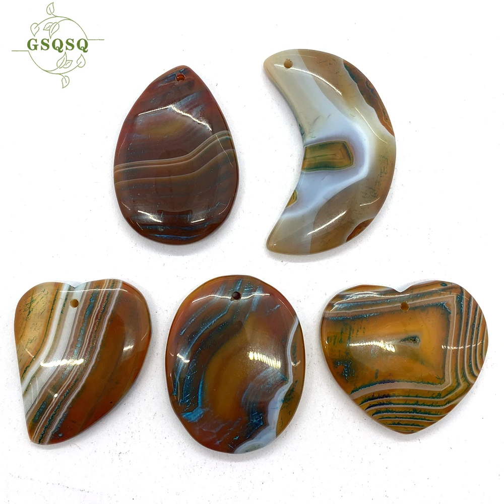 5pcs Natural Stone Heart Striped Agate Pendant Geometric Necklace Used for Healing Spiritual Energy Jewelry DIY Making Gifts