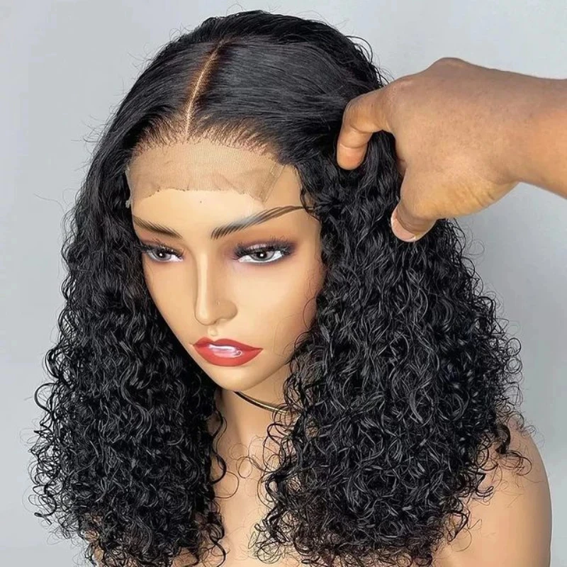 Wig Bob pendek gelombang dalam, rambut manusia 4x4 penutup renda Wig HD transparan renda Wig depan untuk wanita gelombang air keriting sebelum dipetik