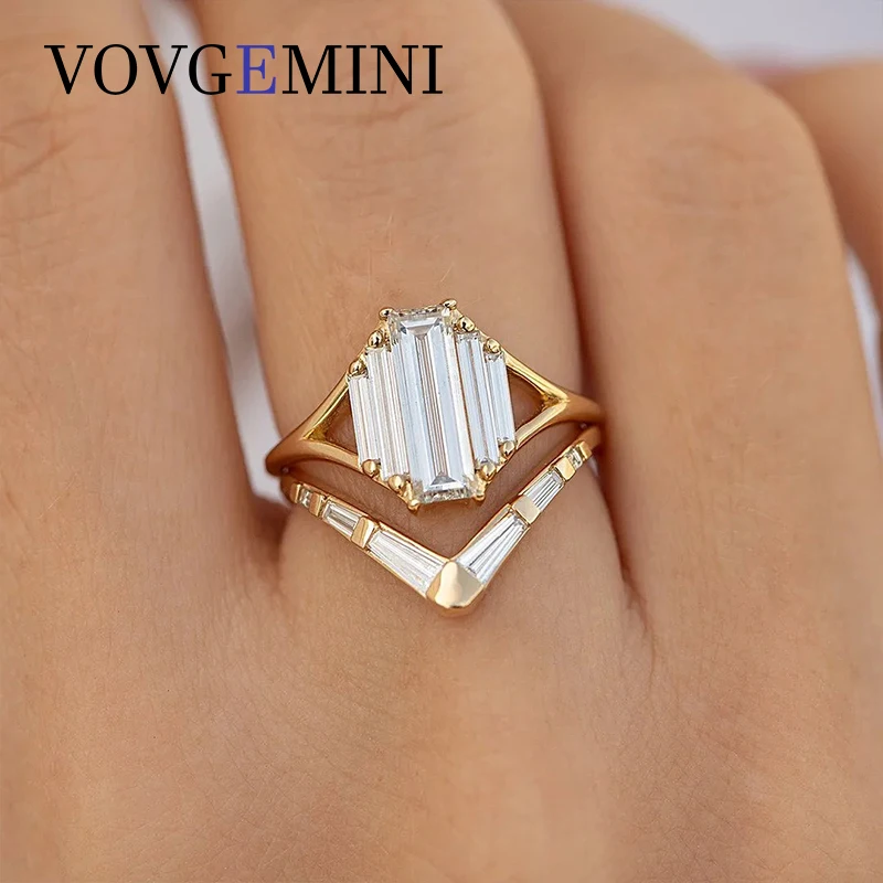 

VOVGEMINI Baguette Moissanite Real 9k 14k 18k Gold Wedding Rings 3.5x8mm Center Au 750 Fine Jewelry For Woman Engagement