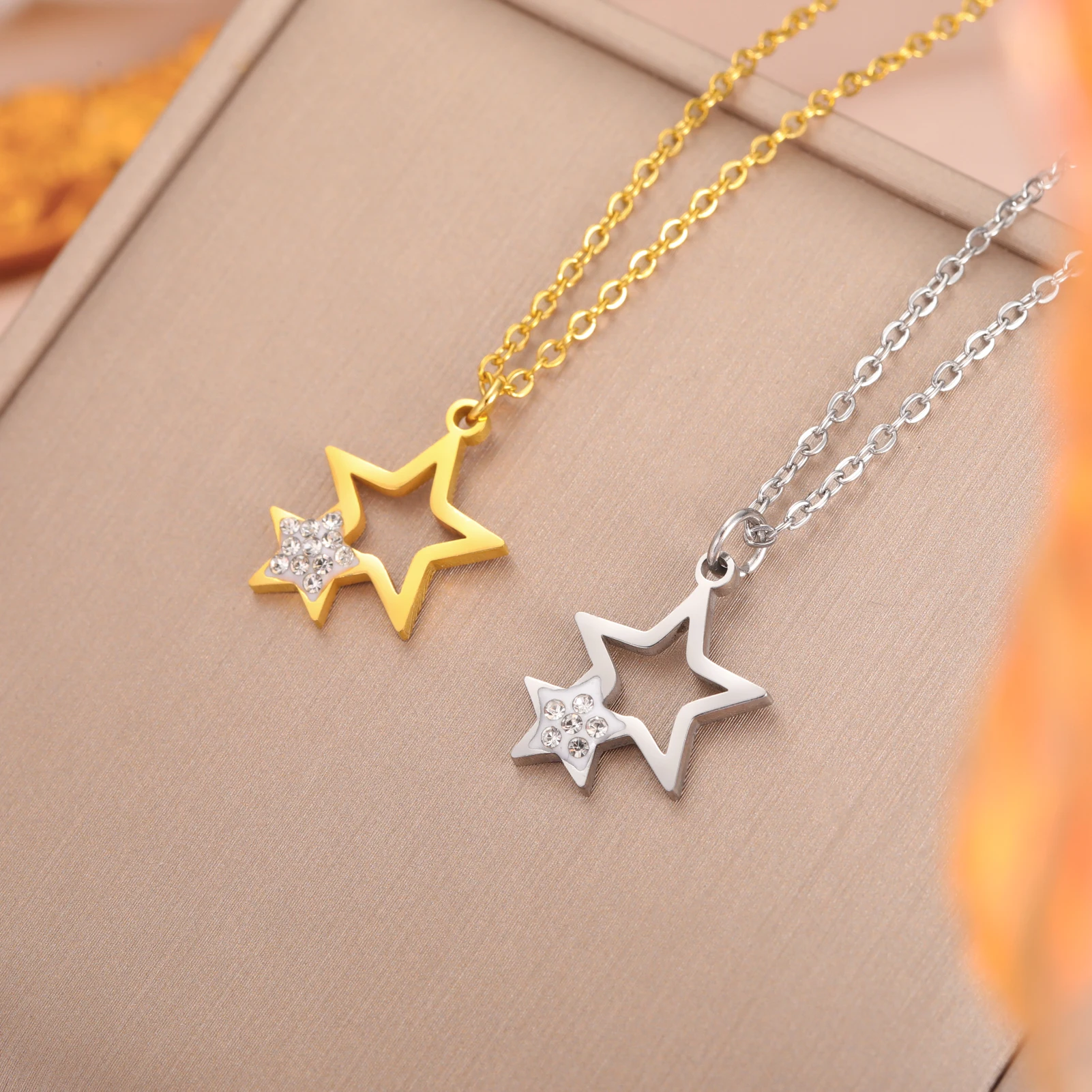 Teamer Star Pentagram with Crystal Pendant Necklace for Women Girls Cute Stainless Steel Zircon Choker Jewelry Birthday Gift