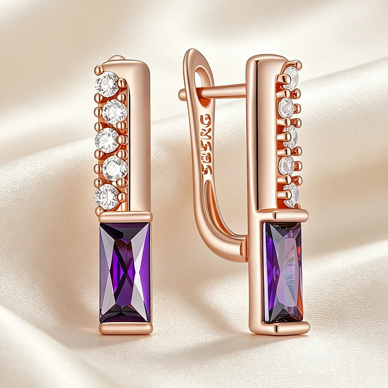 Kienl Hot Square Lila Natürlicher Zirkon Tropfenohrring für Frauen 585 Roségoldfarbe Hochzeitsaccessoires Täglicher edler Schmuck
