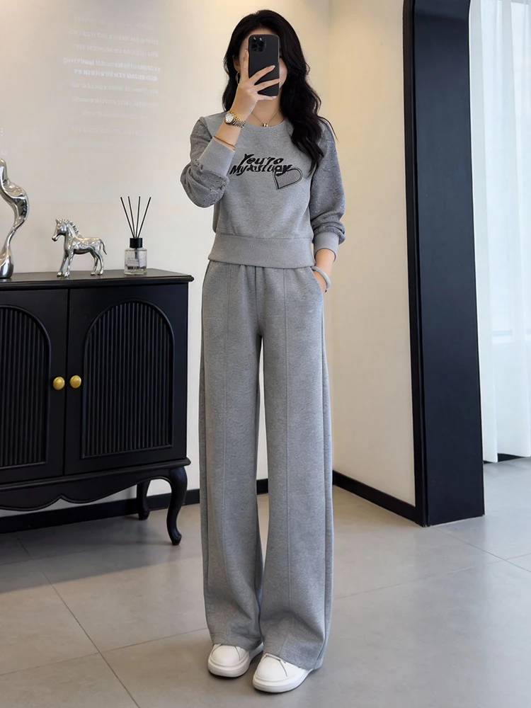 

Laid-ba Chic Spring Autumn Women's Sweatirt Wide Leg Pants Running Suit Two-piece Set Comfortable Cotton High Waist