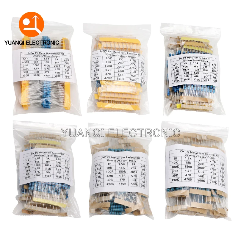 

150PCS 300PCS 1/2W 1W 2W 3W Resistance 1% Metal Film Resistor Assortment Kit Set 30values 1R - 750R 1K - 820K Ohm