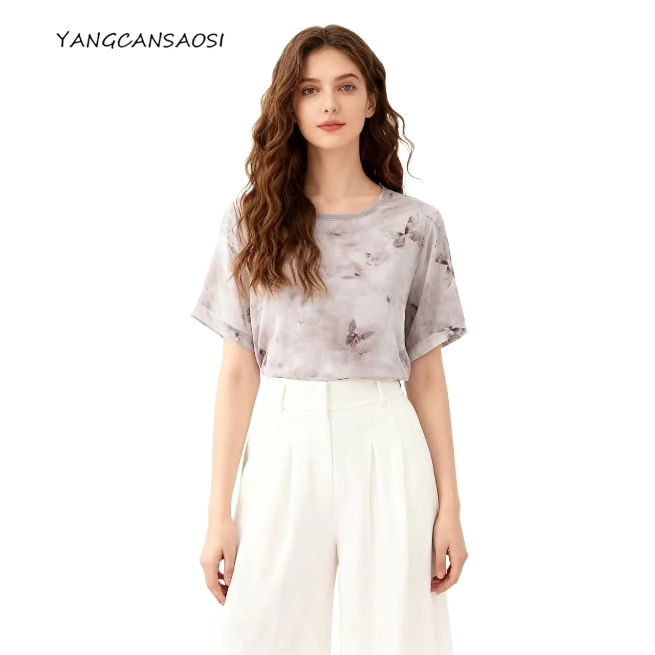 

Окрашивание с принтом бабочки, 93% натуральный шелк шелковицы, эластичная двойная атласная футболка Qiao, универсальная повседневная футболка с круглым вырезом и короткими рукавами