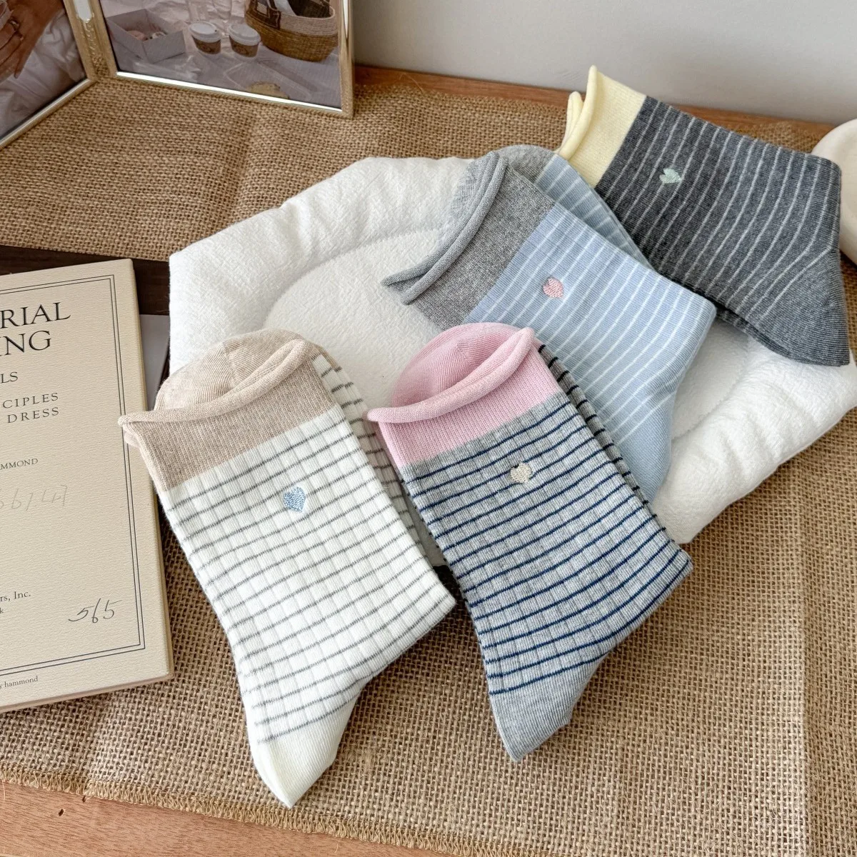 

Spring And Summer Stripes And Heart Embroidery In Various Colors A Layered Design Korean-style Women's Cotton Socks