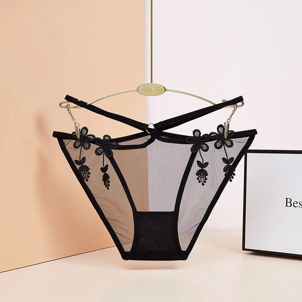 

Mid Waist Women's Lace Mesh Floral Panties Hollow Out Underwear Flower Transparent Briefs Cotton Crotch Female Lingerie