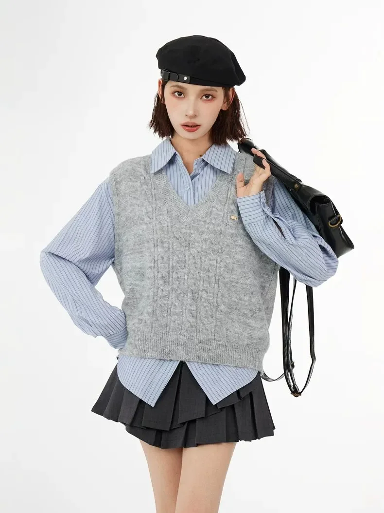 

Свитер с v-образным вырезом, жилет, женская весенне-осенняя рубашка, рубашка с вязаным жилетом, многослойный комплект из двух предметов, весенний костюм