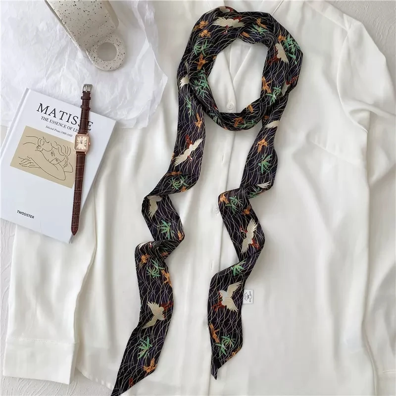 Fashion Art Floral Printing Narrow Lengthen Summer Dress Belt For Women Satin Silk Neckerchiefs Hair Band Bag Ribbons Lady Belt