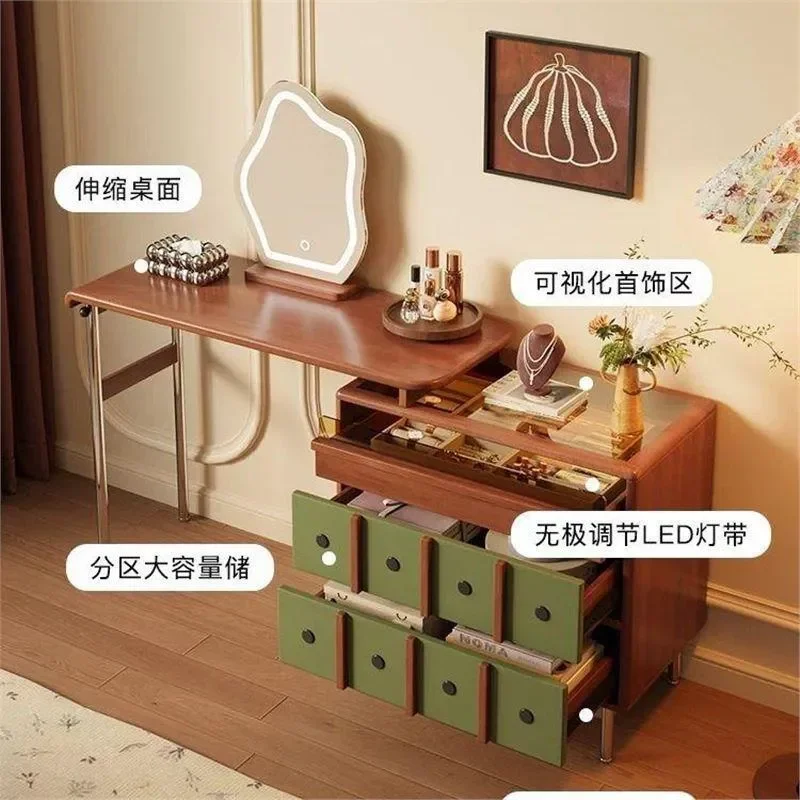 Retro French Style Retractable Dressing Table and Chest Combo Visible Jewelry Storage Multi Drawer Makeup Vanity For Bedroom