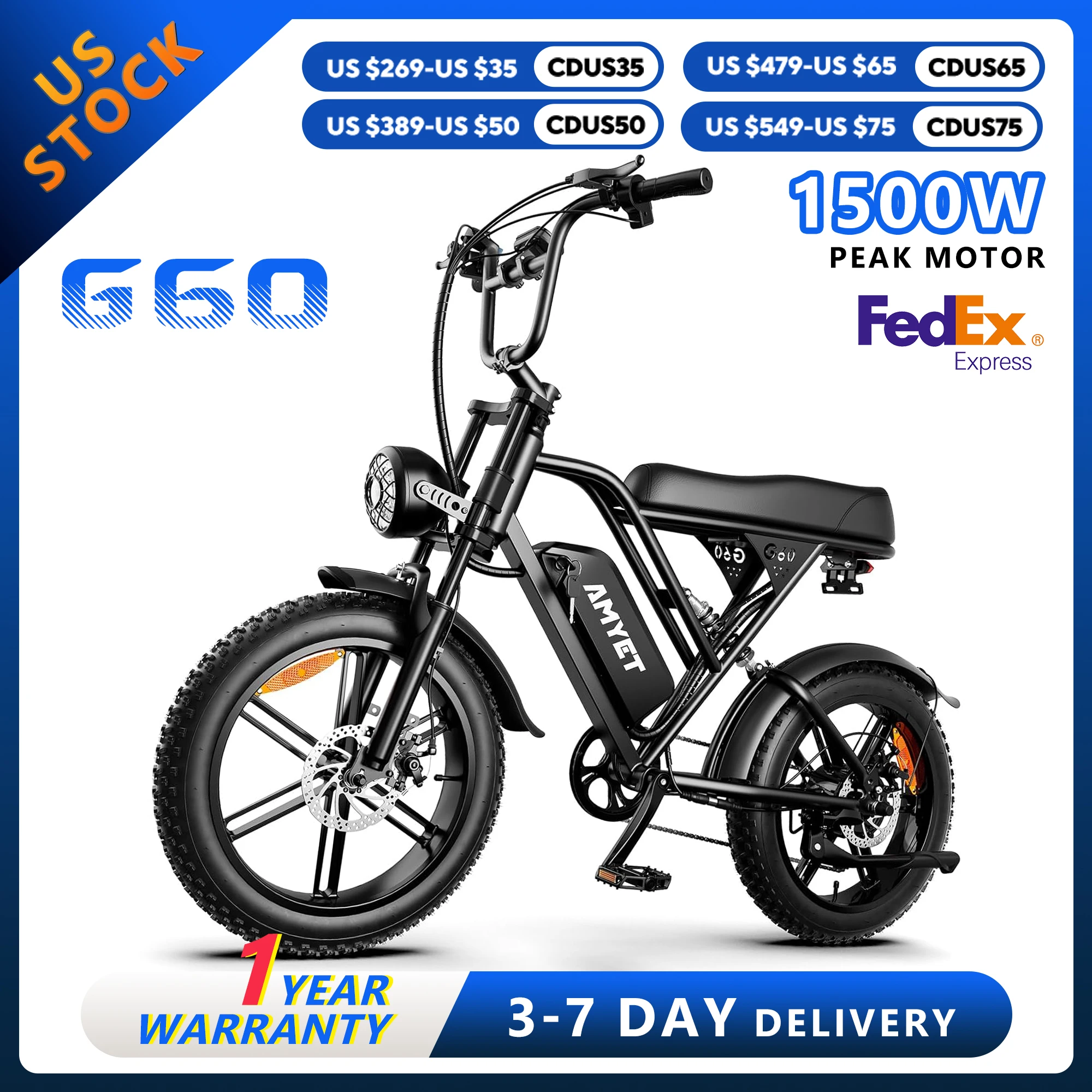 

AMYET G60 Электрический велосипед для взрослых 1500 Вт PEAK Моторный велосипед 48 В 20 Ач 20 дюймов Электрический велосипед с шинами Электрические велосипеды Горный мопед Ebikes для мужчин