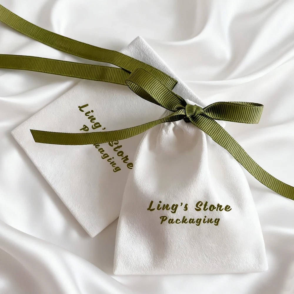 

50/100Pcs Lovely Personalized Logo White Flannel Bag Suede Velvet Gift Packaging Pouches Customized Print Pocket Wedding Favors