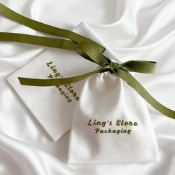 50/100Pcs Lovely Personalized Logo White Flannel Bag Suede Velvet Gift Packaging Pouches Customized Print Pocket Wedding Favors