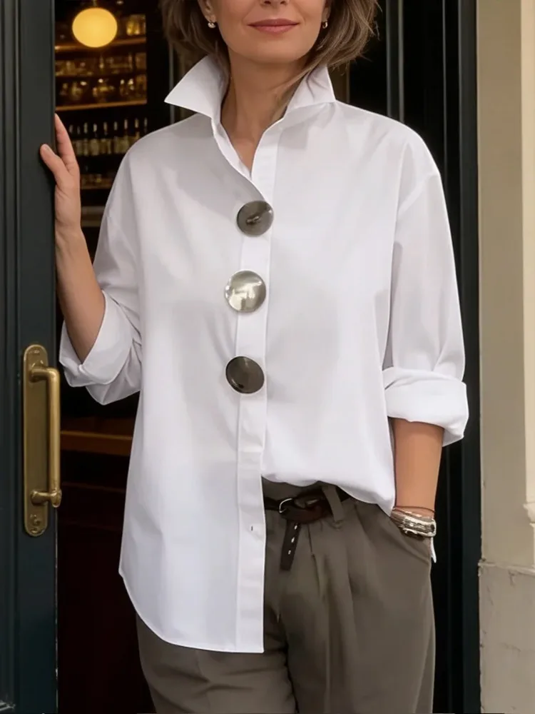 

Yeezzi Women's Cotton White Buttoned Shirt 2026 New Elegant Loose Lapel Blouse Casual Long Sleeves Office Tops For Ladies