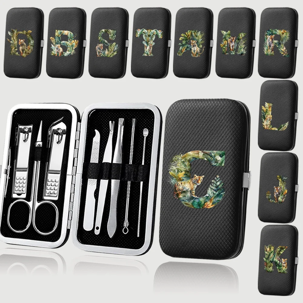 

8Pcs Stainless Steel Pedicure Tools Manicure Set Portable Nail Clipper Kit Organizer Pocket Box Home Jungle Tiger Letter Pattern