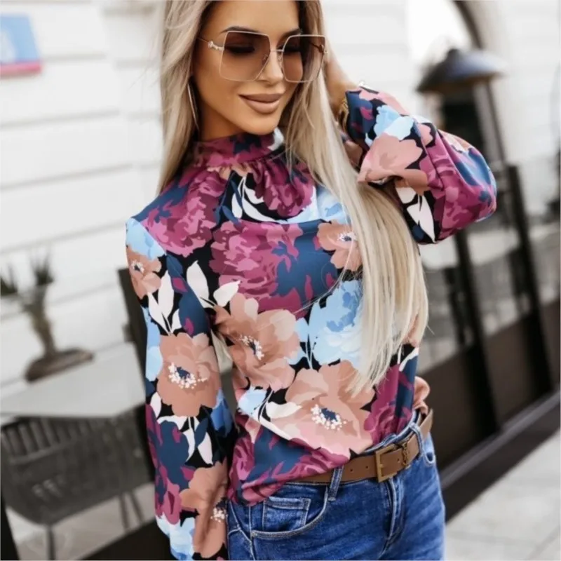 

Elegant Women's Floral Printed Long Sleeved Shirt Semi High Neck Shirt Loose Fitting Sleeves 2024 Autumn Shirt Top New Product
