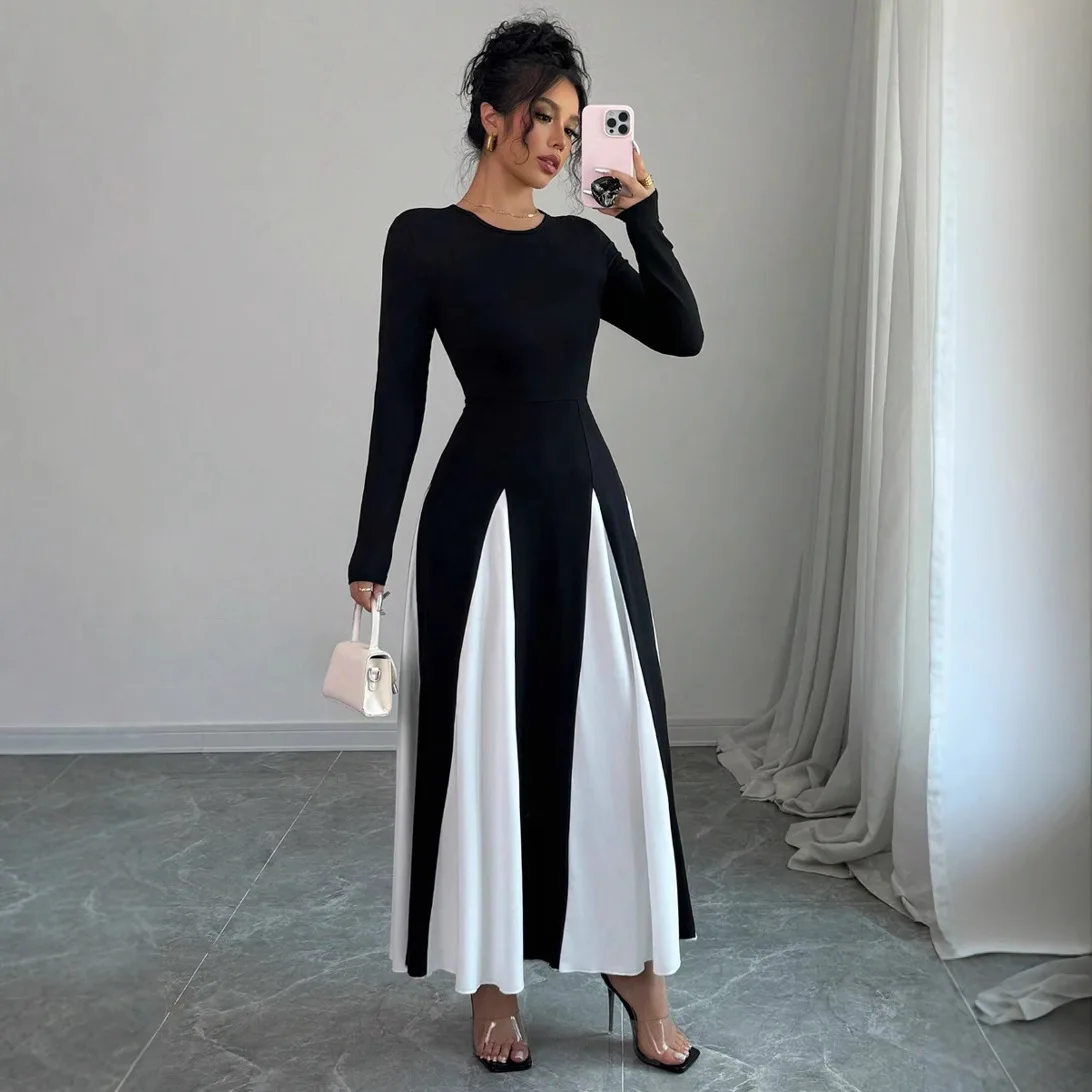 Faionable Color Blo Slim Fit Long Sve Dr Ele A-Line Silhouette Midi Dr للنساء صيف 2025 عبر الحدود