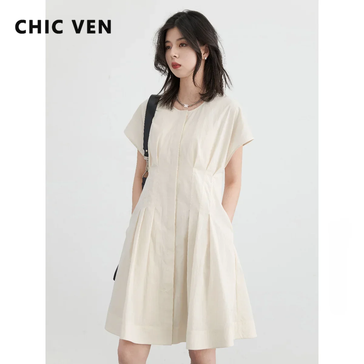 CHIC VEN Women Dresses Single Breasted Solid New Round Neck Pleated Female Dress A Line Office Lady Clothing Summer 2024