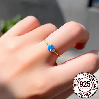 CWWZircons S925 純銀璀璨藍色神秘橢圓形蛋白石金色戒指,女士 CZ 婚禮派對精美珠寶 SR076 10 最佳銷售 藍色蛋白石戒指 - №8