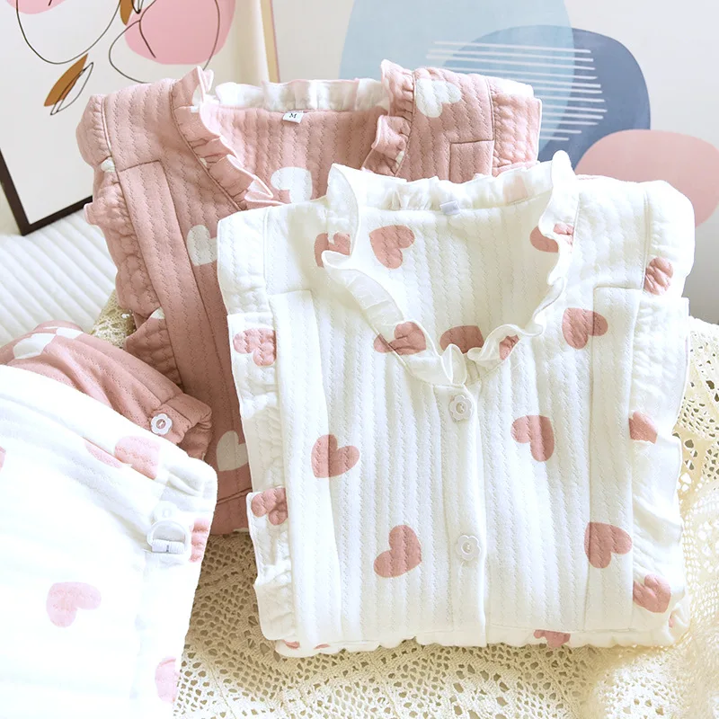 Fdfklak Pure Cotton Nursing Pajama Set Autumn Winter Thicken Maternity Sleepwear Pink/White Love Print Breastfeeding Clothes