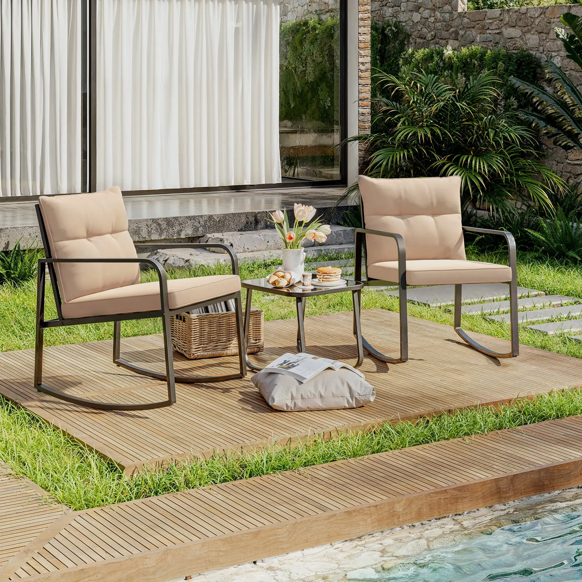 3-Piece Porch Balcony Furniture Set, Lofka Patio Rocking Chairs Set with Small Glass Table for Conversation and Break Time