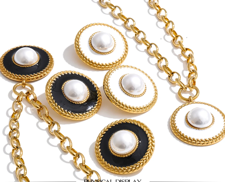 Yhpup Französisches Edelstahl-Set mit simulierten Perlen, rundem Anhänger, Halskette und Ohrringen, trendiger Statement-Schmuck für Damen – Detail 5
