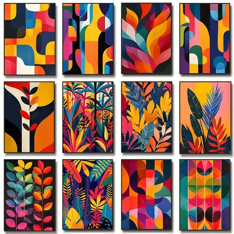 Abstract Color Canvas Painting Exhibition Living Room Decoration Life Aesthetic Art Wall Pictures Poster Leaf Color Block Puzzle