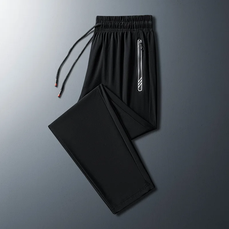 Spring and Autumn Men's Elastic Waist Solid Color Drawstring Zipper Pocket Straight Barrel Harlan Trousers Fashion Casual Pants