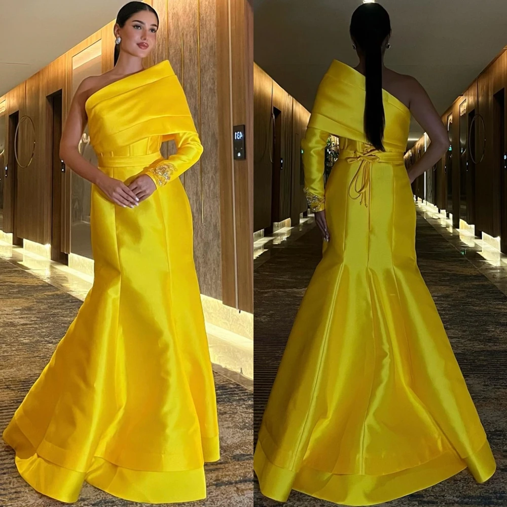 

Customized Sexy One Shoulder Evening Dress Classic Satin Cocktail Dress Temperament Long Sleeves Special Occasion Gowns