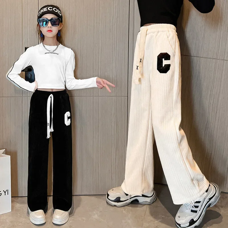 

Girls Pants Solid Letters Pockets Pants For Girl Spring Autumn Children's Trousers Casual Style Clothes Girl 6 8 10 12 14Years