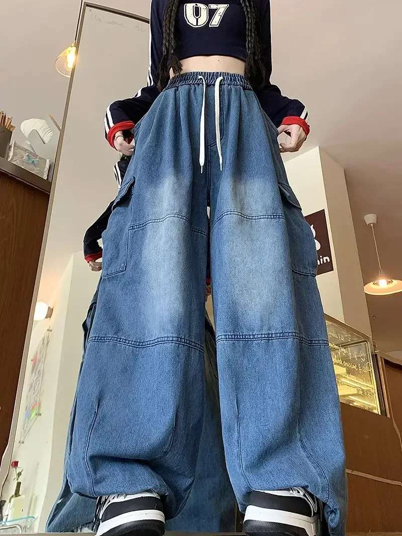 Loose Wide Leg Workwear Jeans Elastic Waist Men Women Hip Hop American Washed Spring Autumn Trendy Brand Long Pants