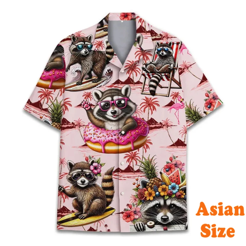 Fun Raccoon Hawaii Shirts For Men Food Theme Pineapple Space Pizza Graphic Lapel Shirts 2025 New Trend Donut Funny Shirt Top