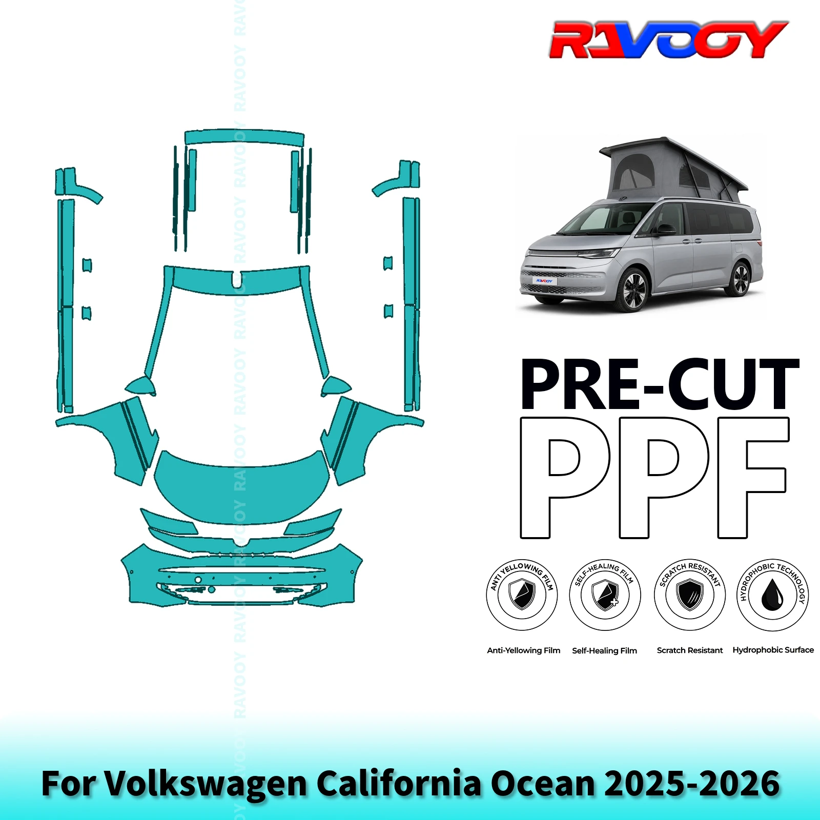 For Volkswagen California Ocean 2025-2026 Partial Front+Rockers 8.5Mil Pre-Cut Paint Protection Film PPF Kit | Clear/Matte/Black