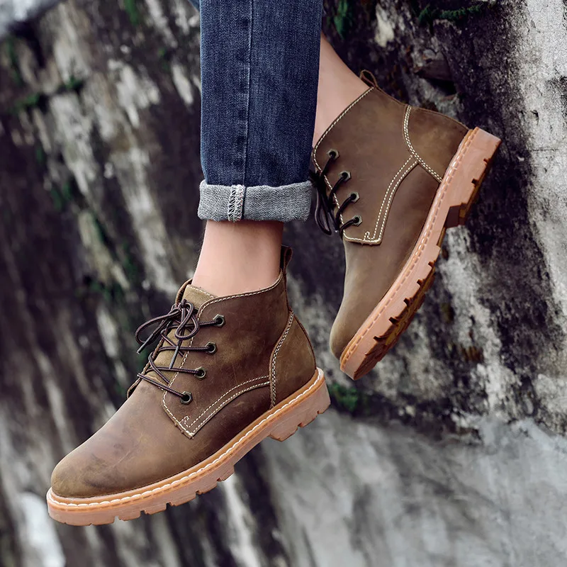 أحذية رجالية جلدية مصنوعة يدويًا في الكاحل ، أحذية ترفيهية خارجية ، خفيفة الوزن ، أحذية عمل رجالية ، كلاسيكية ، كاجوال ، مصمم ، موضة