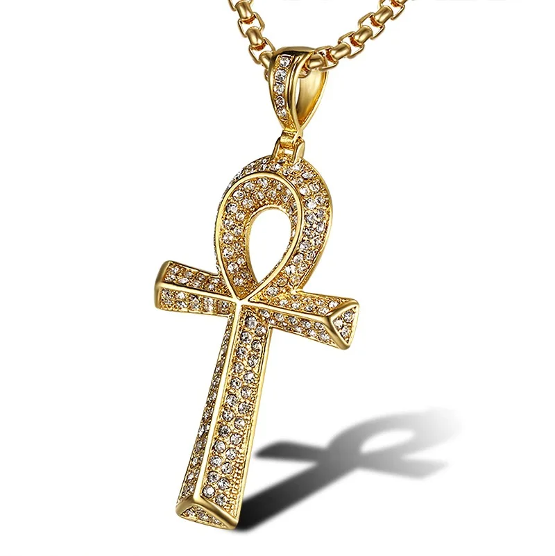 Gold silver color Micro Cubic Zirconia Anka Egyptian T Shaped Cross Pendant Fashion Iced Out Bling Key Of Life Necklace Jewelry