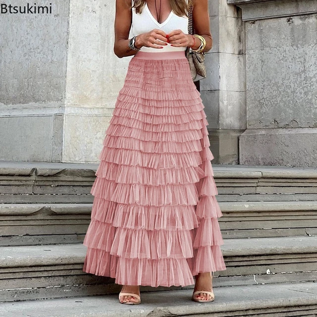 2024 Women s Elegant Long Skirt Layered Ruffles Design Solid Maxi Skirt Office Ladies Commuting Party Attire Spring Autumn Skirt AliExpress