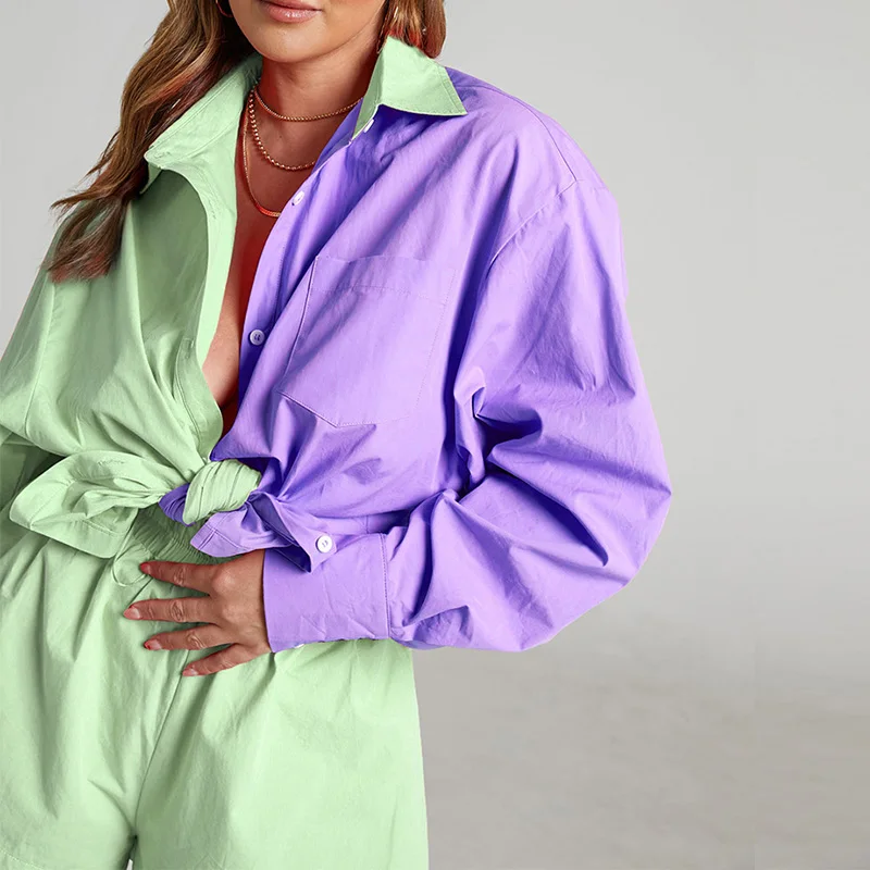 Camisetas con bolsillos de Color liso para mujer, Tops de manga larga con botones, pantalones cortos de cintura alta, conjunto de dos piezas informal a la moda de verano