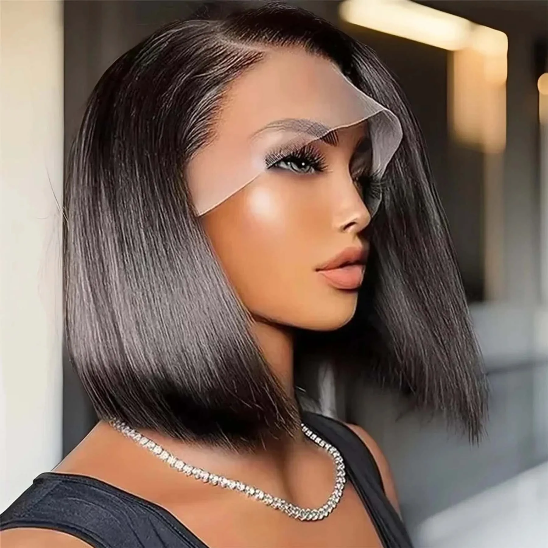 

Bone Straight 13x4 Lace Frontal Human Hair Wig Pre Plucked 100% Remy Human Hair HD Transparent Lace Front Short Bob Wigs 14Inch