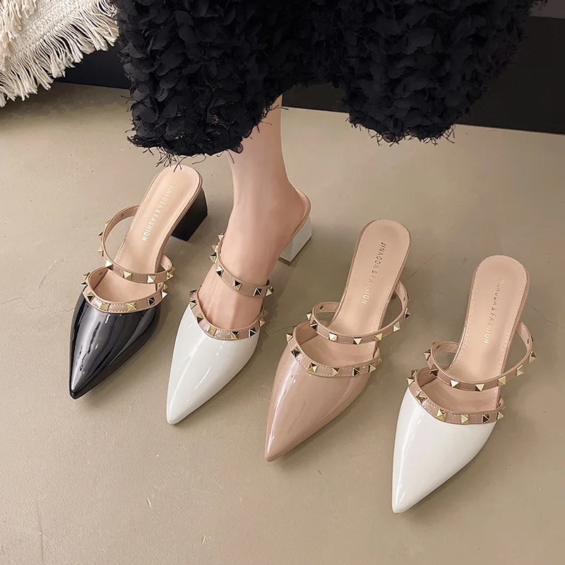 

Summer Women's Cover Toe Mules Slippers Fashion Rivet Slip On Slides Shoes 6cm Thick Heel Footwear Ladies