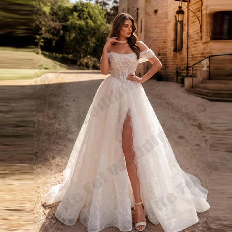 Elegant Women's Lace Wedding Dress Thin Strap Shoulder Beads Sexy Bare Shoulder Princess Ball Bride Gown Customized amanda novia