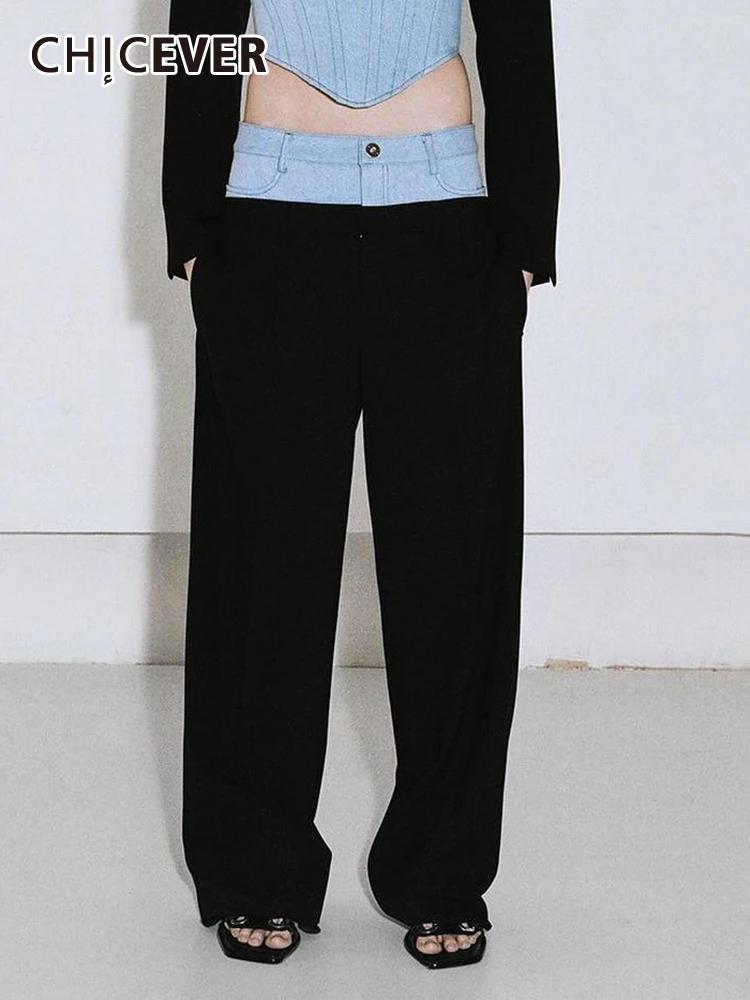 CHICEVER Patchwork Denim Colorblock Trousers For Women High Waist Spliced Pockets Autumn Casual Chic Wide Leg Pants Female New