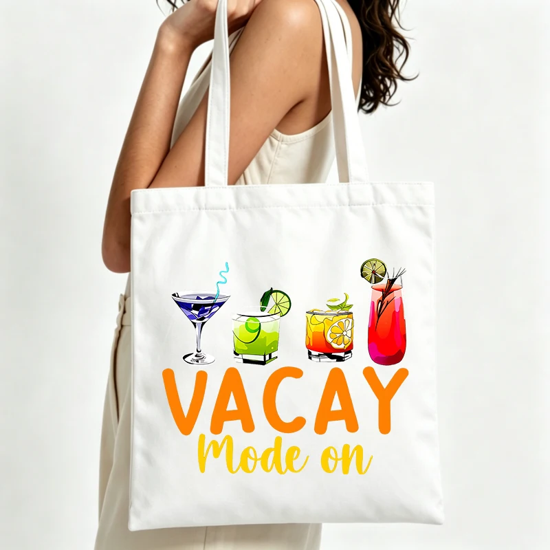 cocktail graphics canvas tote bag with letter print, ideal for summer beach outings and casual weekend trips